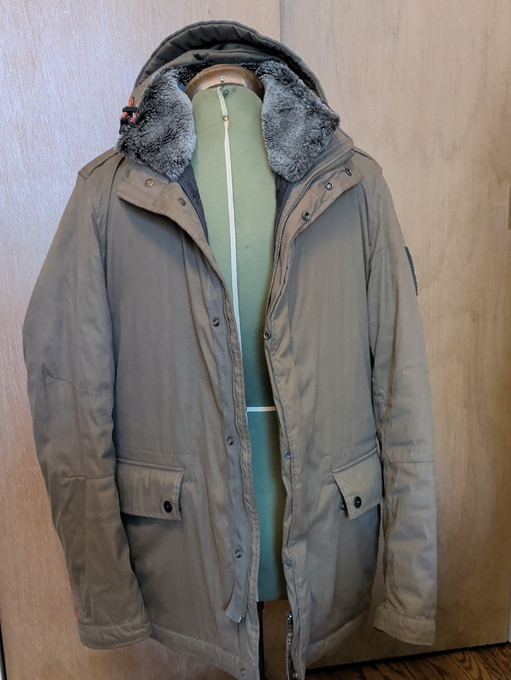 Strellson Olive Military-Style Field Jacket with Faux-Fur Hood Trim